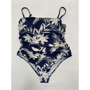 Navy White Tropical Leaf One Piece Swimsuit Ruched Tummy Control No Pads M?